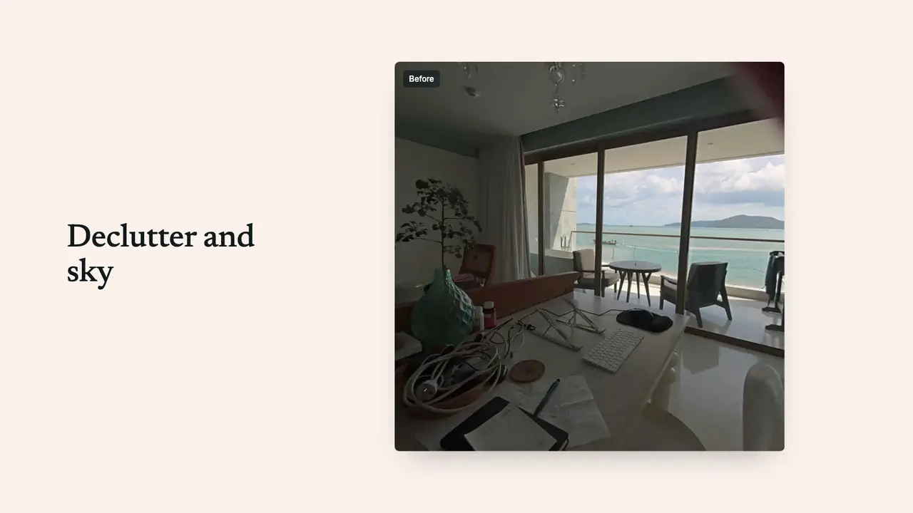 Demonstration on real properties: decluttering, empty room, virtual staging, 2D floor plan and watermark