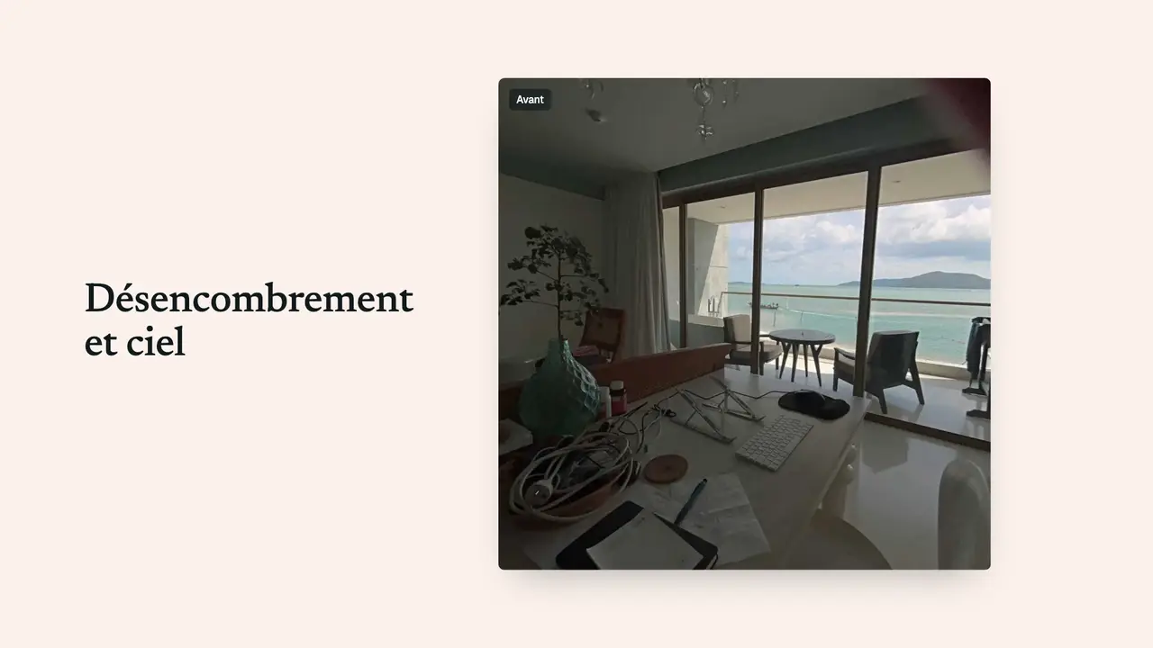 Démonstration sur des biens réels : désencombrement, pièce vide, home staging, plan 2D et filigrane